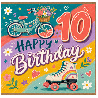 10th Birthday Card, Happy Birthday Bicycle and Roller Skate Design