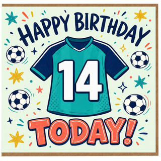 14th Birthday Card, Football Shirt and Soccer Balls Design