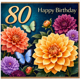 80th Birthday Card, Happy Birthday Floral Card with Butterflies
