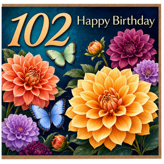 102nd Birthday Card, Floral Happy Birthday Card with Butterflies