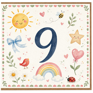 9th Birthday Card, Cute Pastel Watercolour Design