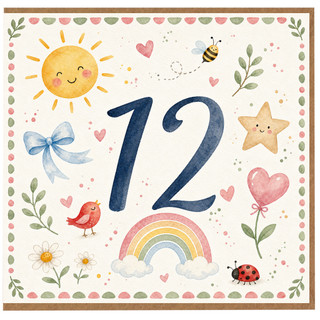 12th Birthday Card, Cute Watercolour Floral and Rainbow Greeting Card
