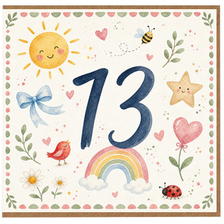 13th Birthday Card, Cute Watercolour Number 13 Card for Girl