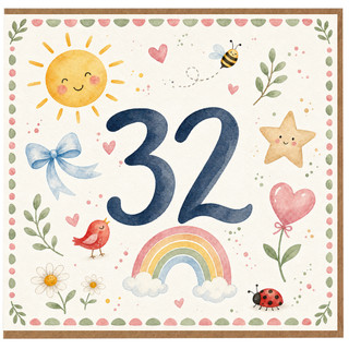 32nd Birthday Card, Cute Watercolour Doodles Design