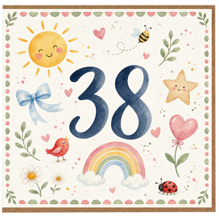 38th Birthday Card, Cute Watercolour Rainbow and Animals