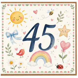 45th Birthday Card, Cute Watercolour Sun Rainbow Hearts Design
