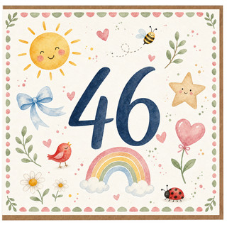 46th Birthday Card, Cute Watercolour Number 46 Card with Sun, Rainbow and Floral Design