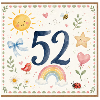 52nd Birthday Card, Cute Watercolour Number 52 Card
