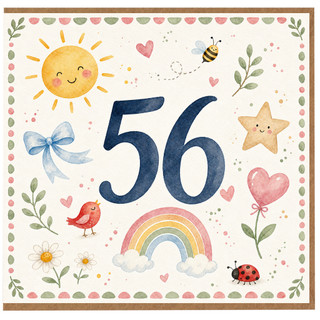 56th Birthday Card, Cute Watercolour Number 56 Birthday Card
