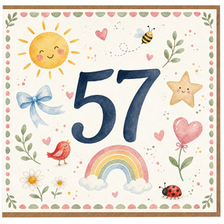 57th Birthday Card, Cute Watercolour Sun, Rainbow and Hearts Card