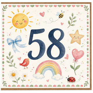 58th Birthday Card, Cute Watercolor Illustrated Number 58 Card