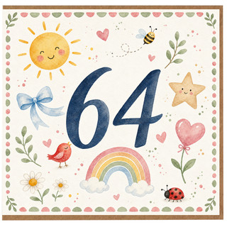64th Birthday Card, Cute Watercolour Number 04 Card, Children's Birthday Card
