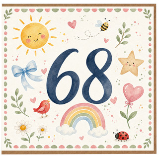 68th Birthday Card, Cute Watercolour 68 Birthday Card