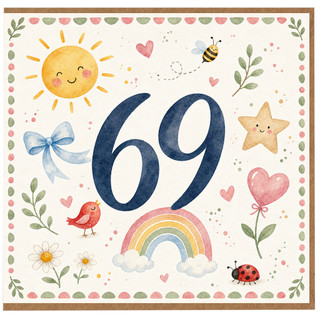 69th Birthday Card, Cute Watercolour Number 69 Birthday Card