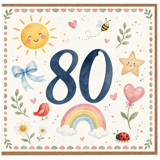 80th Birthday Card, Cute Watercolour Rainbow and Garden Design