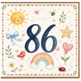 86th Birthday Card, Cute Watercolour Animal and Rainbow Design