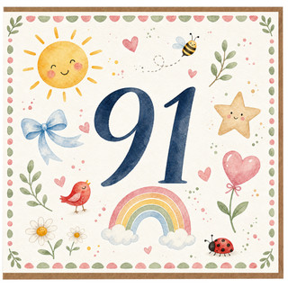 91st Birthday Card, Cute Watercolour Floral and Rainbow Card