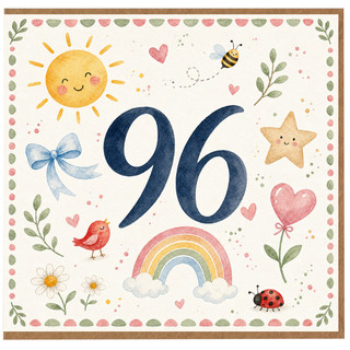 96th Birthday Card, Whimsical Watercolour Animal and Rainbow Card