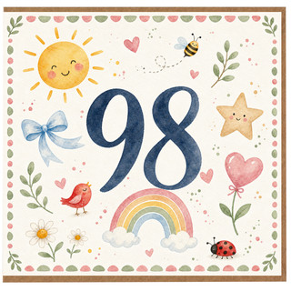 98th Birthday Card, Cute Watercolour Floral Number Card