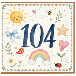 104th Birthday Card, Cute Watercolour Sun, Rainbow and Garden Design