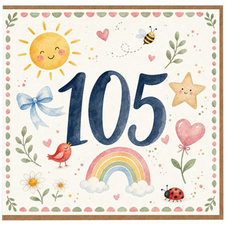 105th Birthday Card, Cute Watercolor Number 105 Card with Sun, Rainbow and Woodland Animals