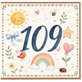 109th Birthday Card, Watercolour Cute Sun Rainbow Hearts and Flowers