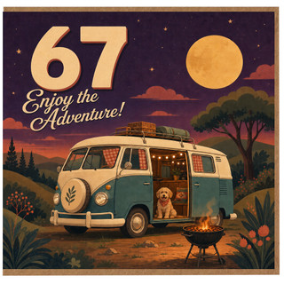 67th Birthday Card, Enjoy the Adventure Retro Camper Van Camping Design
