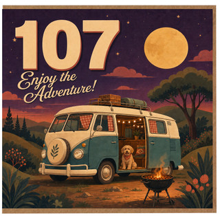 107th Birthday Card, Enjoy the Adventure Camper Van Card