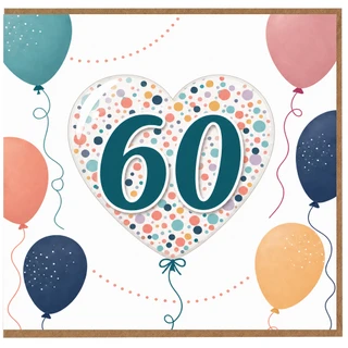 60th Birthday Card, Colourful Balloon Heart Design