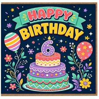 6th Birthday Card, Happy Birthday Cake and Balloons Card