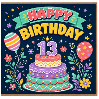 13th Birthday Card, Colourful Cake and Balloon Design