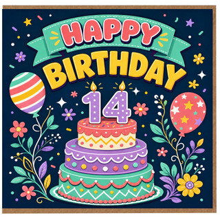 14th Birthday Card, Happy Birthday 14 Card with Cake and Balloons