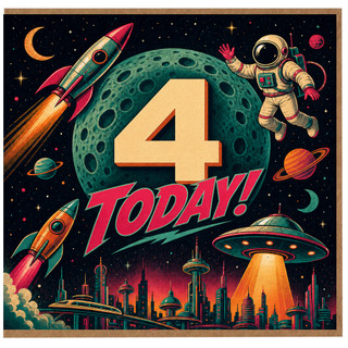 4th Birthday Card, Retro Space Rocket Astronaut Design