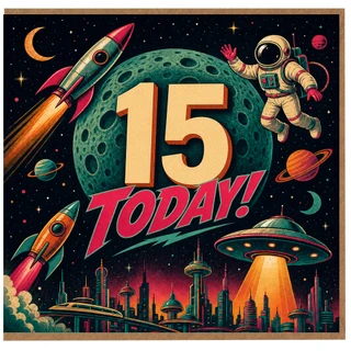 15th Birthday Card, Retro Space Rocket and Astronaut Card