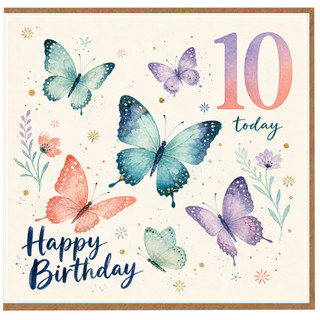 10th Birthday Card, 10 Today Happy Birthday Butterfly Card
