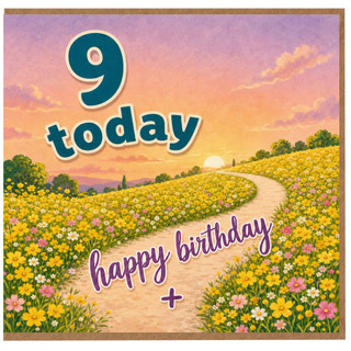 9th Birthday Card, 9 Today Happy Birthday Card with Floral Sunset Scene