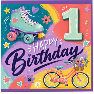 1st Birthday Card, Happy Birthday Card with Roller Skate and Bicycle Design