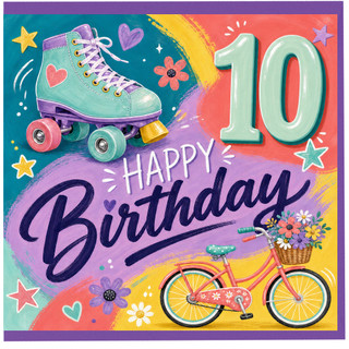 10th Birthday Card, Colourful Roller Skate and Bicycle Design