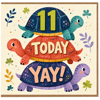 11th Birthday Card, Cute Turtle Design, 11 Today Yay
