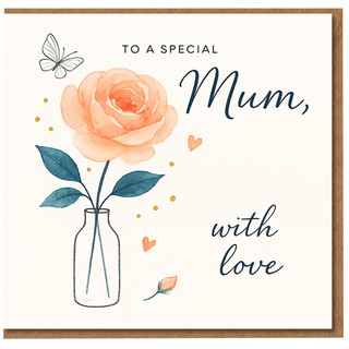 To a Special Mum, With Love Mother's Day Card - Watercolour Rose in Vase with Hearts and Butterfly - Elegant Card for Mum from Son or Daughter