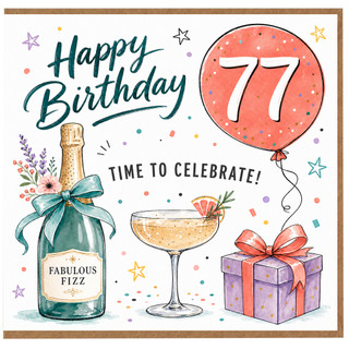 77th Birthday Card, Happy Birthday Celebration Card for Her, Fun Party Drinks and Gifts Design