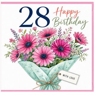 28th Birthday Card, Floral Bouquet Happy Birthday Card