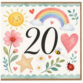20th Birthday Card, Cute Watercolour Rainbow and Floral Design