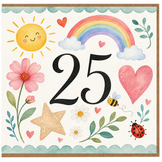 25th Birthday Card, Flowers and Hearts