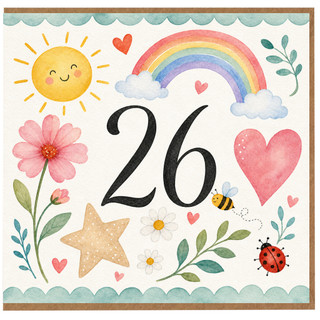 26th Birthday Card, Watercolour Rainbow Sun and Flowers Design