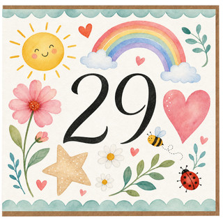 29th Birthday Card, Cute Watercolour Rainbow and Flowers Card
