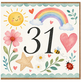 31st Birthday Card, Watercolour Sun Rainbow and Floral Design