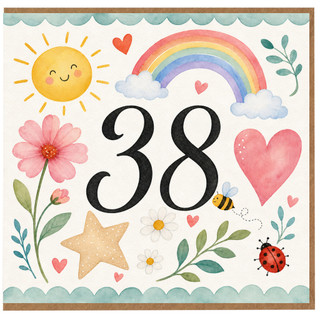 38th Birthday Card, Cute Watercolour Rainbow Sun and Flowers