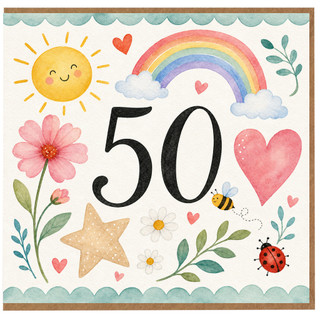 50th Birthday Card, Watercolour Rainbow Sun and Flowers Card