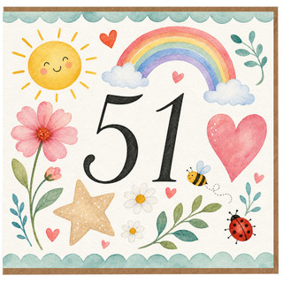 51st Birthday Card, Watercolour Rainbow and Flowers Design